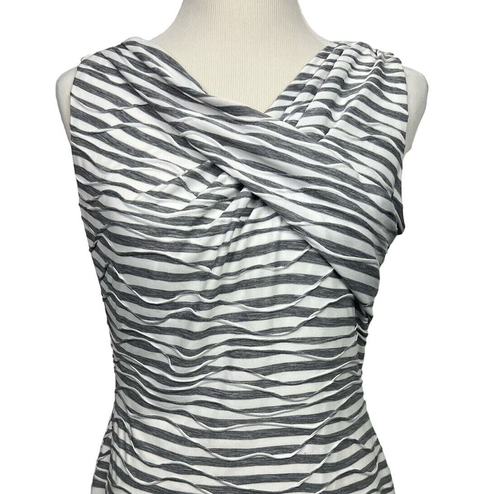 Calvin Klein Women 10 Sheath Dress Grey White Striped Textured Ruched Sleeveless